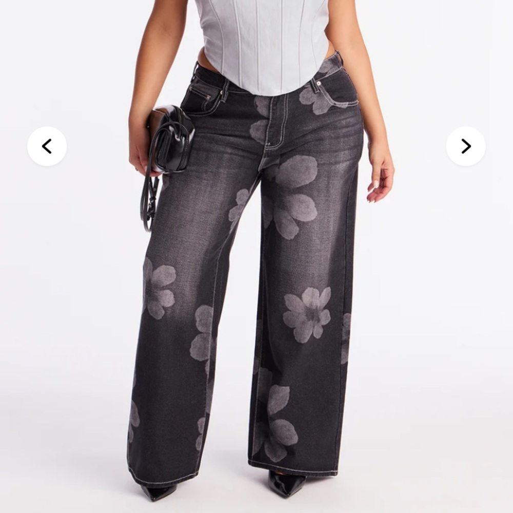 Floral Print Wide Leg Jeans - Black with Washed White Flowers - Picture 13 of 15
